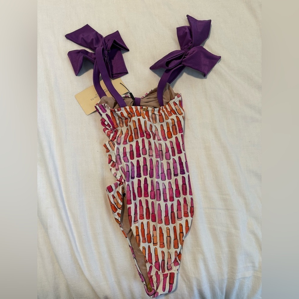 NWT Adriana Degreas Lipstick Cut-Out One Piece Swimsuit With Bows Small - Picture 7 of 12